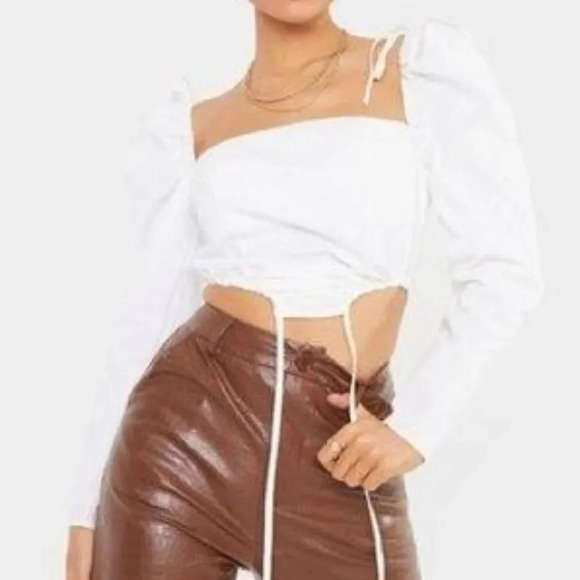 Pretty Little Thing | White Cut Out Ruched Detail Long Sleeve Blouse Size 4 - Picture 1 of 7